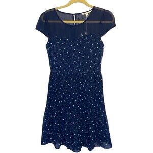 LC Lauren Conrad Womens Dress Size 4 Pleated Key Hole Blue Lady Bug Fit & Flare